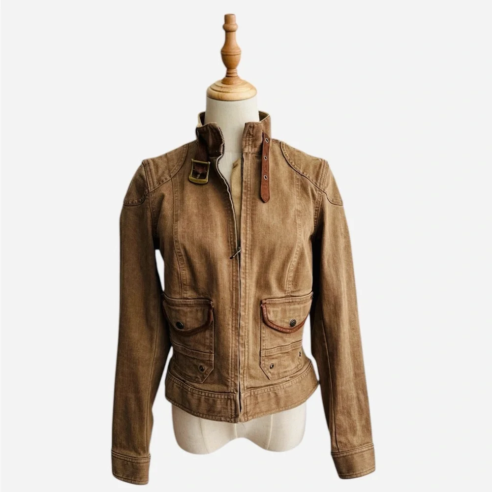Lauren Jeans Co Ralph Lauren Canvas Tan Brown Leather Trim Jacket Size 6 Vintage